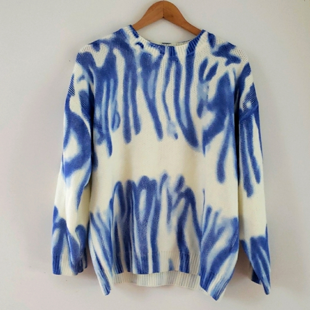Blue Buttercup Oversize Spray Painted Graffiti Tie Dye Sweater in blue on white.